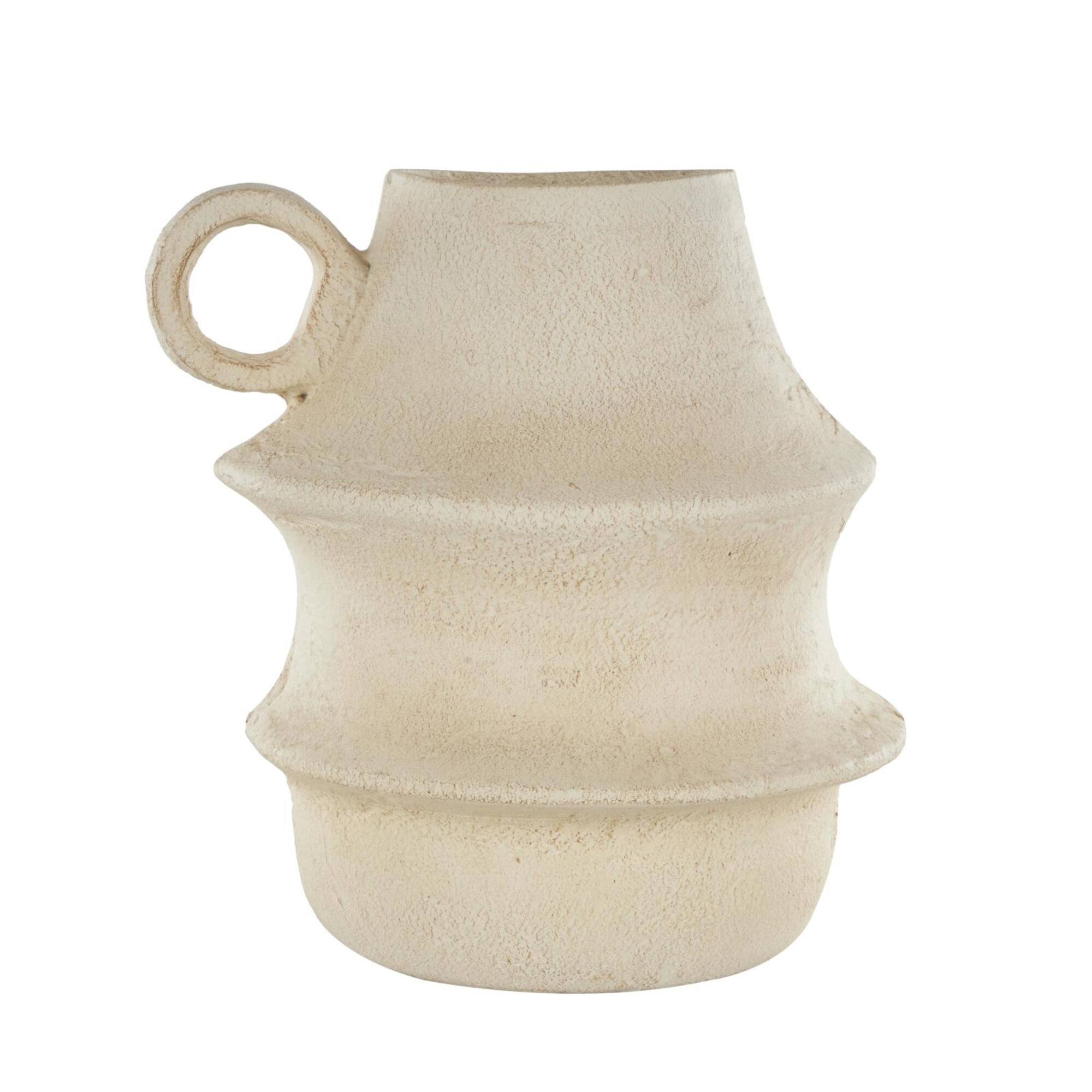 14" Cream Paper Mache Fluted Vase with Ring Handle